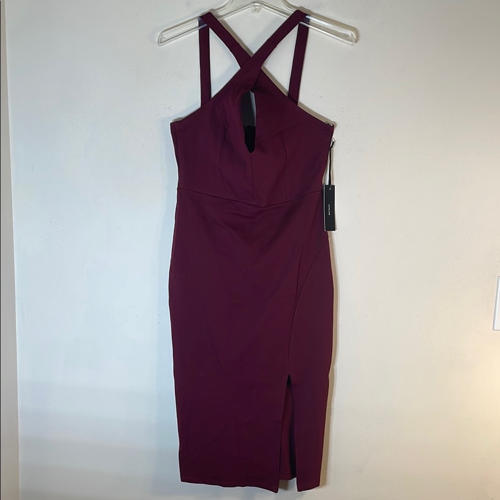 NWT. Lulus Large Vibrant Allure Burgundy Cross Front Sleeveless Bodycon Dress.